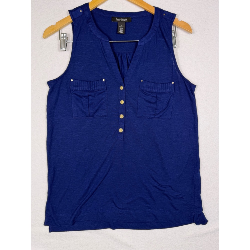 White House Black‎ Market Sleeveless Top Womens SM Navy Blue Gold Button Accents